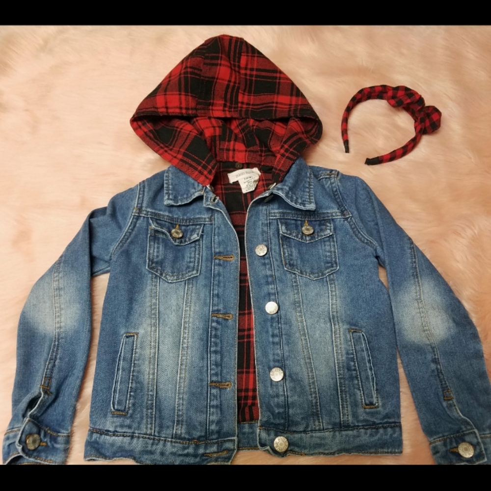 Soho Blue Denim Jacket with Plaid Cotton Lining, Hoodie and Headband for…